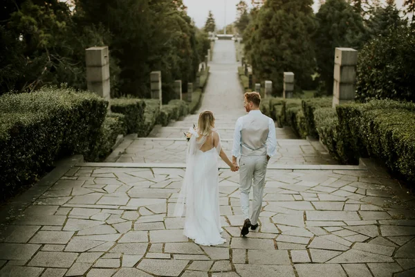 公園の階段を歩いてかわいい若い新婚夫婦の後ろの景色 — ストック写真