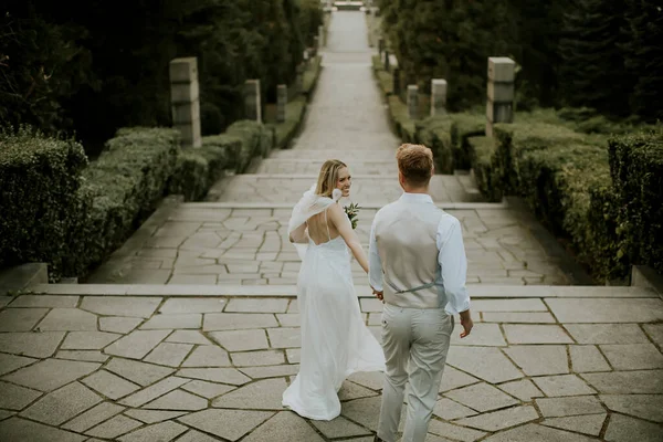 Vista Trasera Linda Pareja Recién Casados Caminando Por Las Escaleras — Foto de Stock