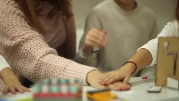 Group Cute Preschool Kids Put Hands Together Nursery Teacher — Stock Video