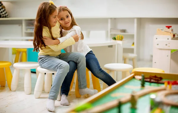 Two Cute Best Friend Girls Together Nursery Playroom — Stock Photo, Image