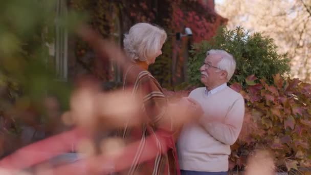 Knappe Senior Paar Omarmen Herfst Park — Stockvideo