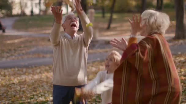 Abuelos Disfrutando Buen Rato Con Linda Nieta Parque Otoño — Vídeo de stock