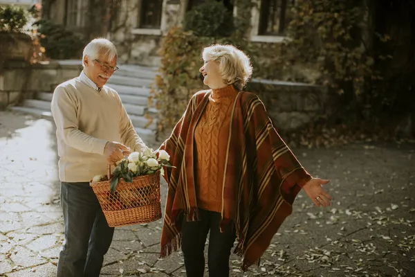 Güz parkında çiçek ve bakkaliye dolu sepetle yürüyen yakışıklı bir çift.