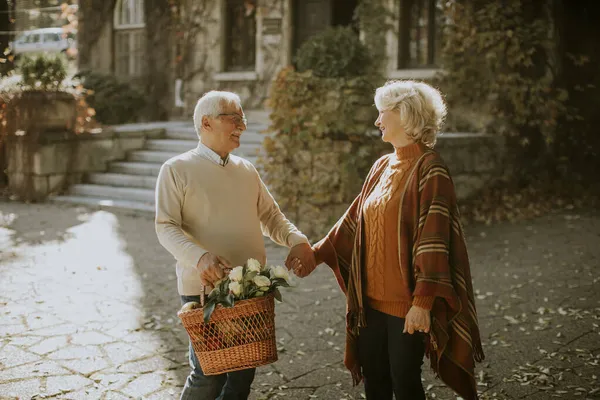 Beau Couple Personnes Âgées Marchant Avec Panier Plein Fleurs Épicerie — Photo