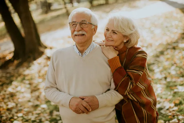 Beau Couple Personnes Âgées Embrassant Dans Parc Automne — Photo