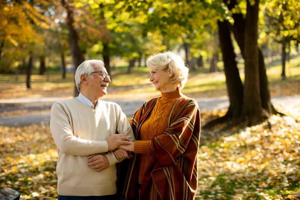 Hermosa Pareja Ancianos Abrazándose Parque Otoño — Foto de Stock