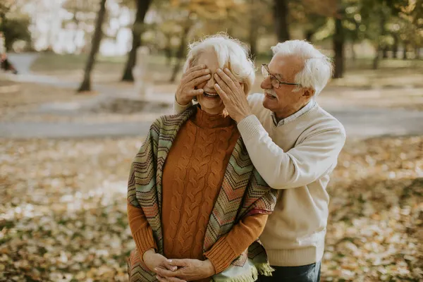 美丽的老夫妇拥抱在秋天的公园里 — 图库照片