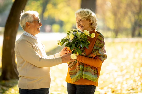 Beau Couple Sénior Embrassant Avec Bouquet Fleurs Dans Parc Automne — Photo