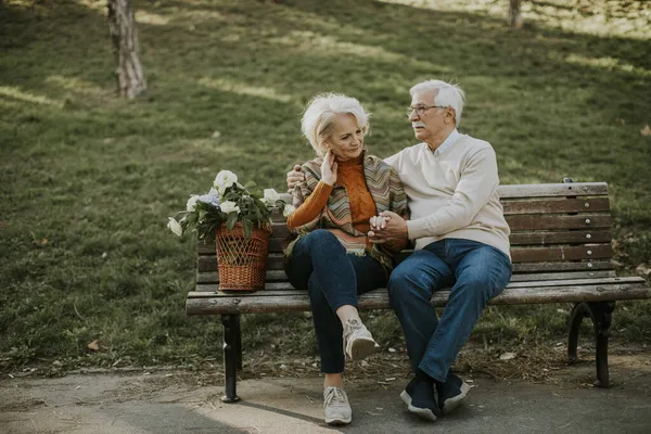 Hermosa Pareja Ancianos Sentados Banco Con Cesta Llena Flores Abrazos — Foto de Stock