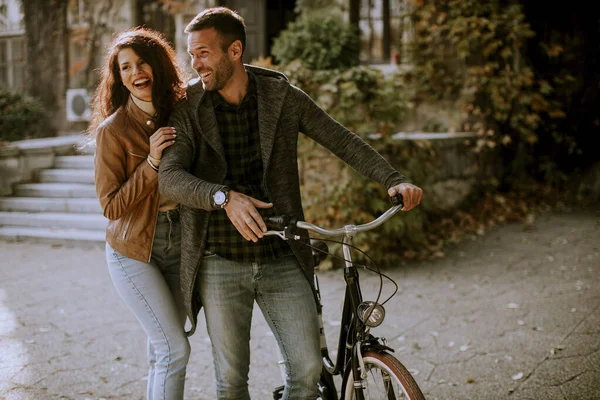 Handsome Young Couple Walking Bicycle Autumn Park — Stock Photo, Image