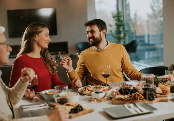 Happy Family Having Dinner Red Wine Home — Stock Photo, Image
