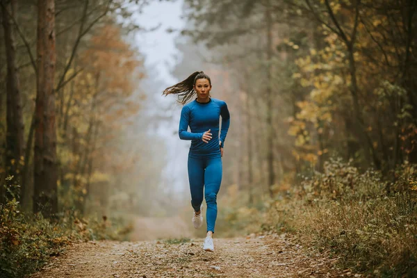 Mavi Eşofmanlı Genç Kadın Sonbaharda Orman Yolunda Kameraya Doğru Koşuyor — Stok fotoğraf