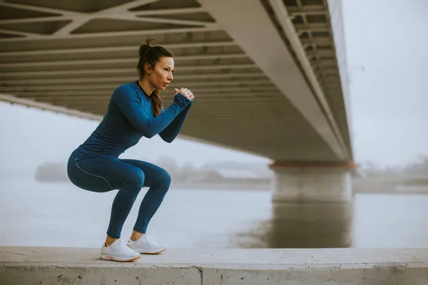 Pretty Young Woman Blue Track Suit Stretching Workout River Autumn — Stock Photo, Image