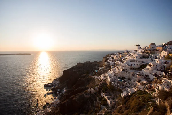 Vista Pueblo Oia Isla Santorini Grecia Atardecer — Foto de Stock