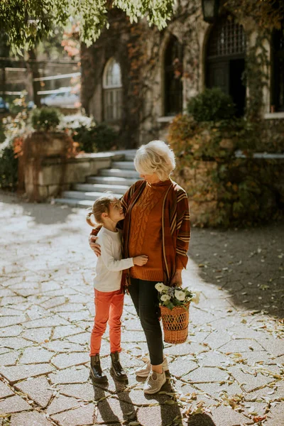 Бабуся Розважається Своєю Милою Онучкою Тримає Кошик Повний Квітів Стокове Фото