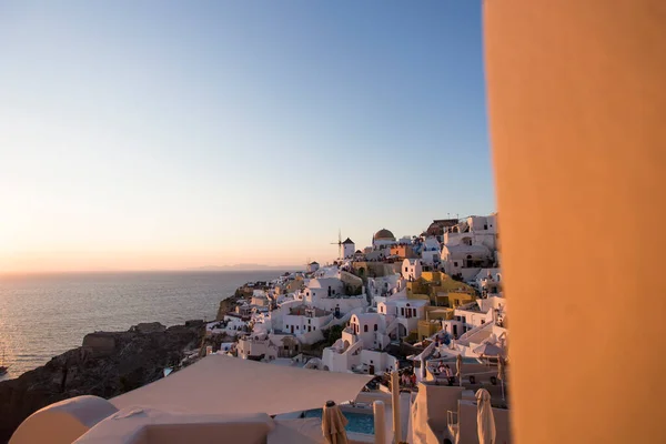 Vista Pueblo Oia Isla Santorini Grecia Atardecer — Foto de Stock