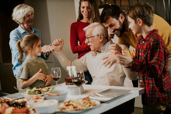 Happy Family Celebrating Grandfather Birthday Cake Candles Home — Stock Photo, Image