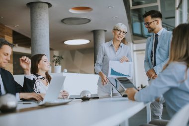 Yetişkin bir iş kadınına bak. Ofisteki bir toplantının proje detaylarını açıkla.