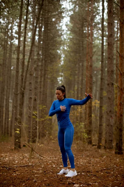 Ładna Młoda Kobieta Niebieskim Dresie Rozciągająca Się Przed Treningiem Jesiennym — Zdjęcie stockowe