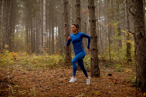 Młoda Kobieta Niebieskim Dresie Biegnie Leśnym Szlaku Jesienią — Zdjęcie stockowe