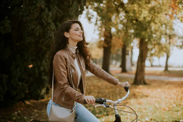 Pretty Young Woman Riding Bicycle Autumn Day — Stock Photo, Image