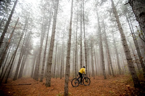 Handsome Young Man Biking Autumn Forest — Stock Photo, Image