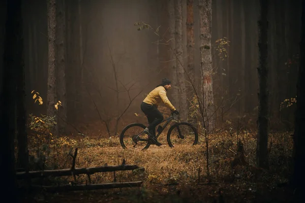 秋の森を自転車で駆け抜けるハンサムな若い男 — ストック写真