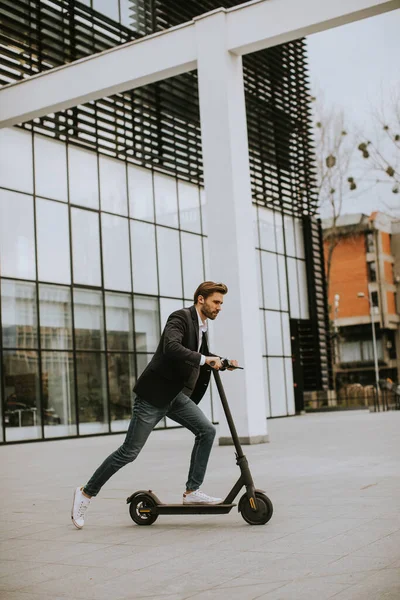 Handsome Young Business Man Casual Clothes Riding Electric Scooter Office — Stock Photo, Image