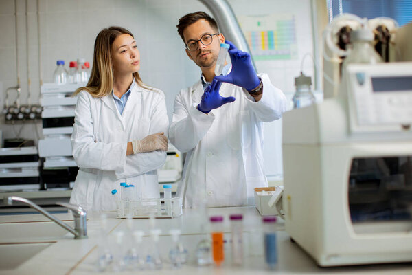 Young researchers analyzing chemical data in the laboratory