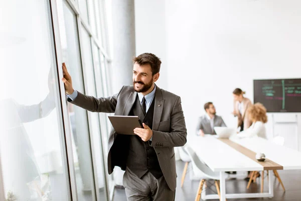 Handsome Young Modern Businessman Using Digital Tablet Office — Stock Photo, Image