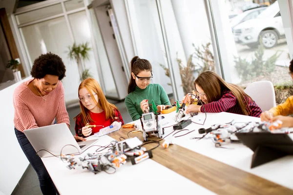 Gruppe Glücklicher Kinder Mit Ihrer Afroamerikanischen Naturwissenschaftlerin Mit Laptop Programmierung — Stockfoto