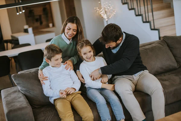 Happy Young Family Two Kids Enjoy Time Together Couch Living — Stock Photo, Image