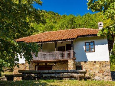 Sırbistan 'ın Lepenski Vir kentindeki geleneksel 19. yüzyıl Sırp evine bak