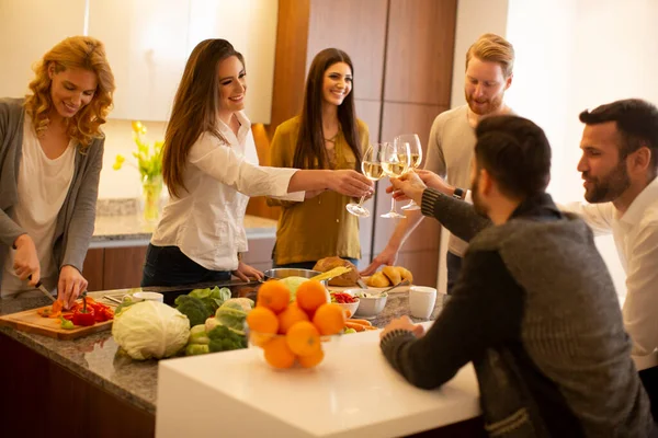 Group Happy Young People Preparing Meal Drinking White Wine Having — Foto Stock