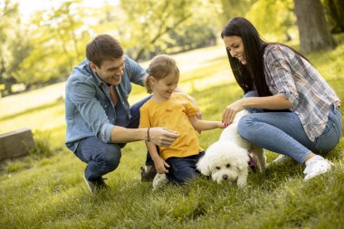Parkta şirin bir bizon köpeği olan mutlu genç bir aile.