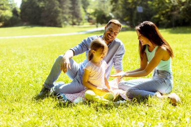 Küçük tatlı kızıyla mutlu bir aile güneşli bir günde parkta eğleniyor.