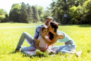 Küçük tatlı kızıyla mutlu bir aile güneşli bir günde parkta eğleniyor.