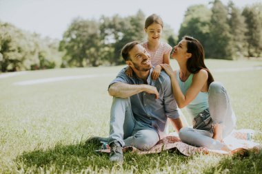 Küçük tatlı kızıyla mutlu bir aile güneşli bir günde parkta eğleniyor.