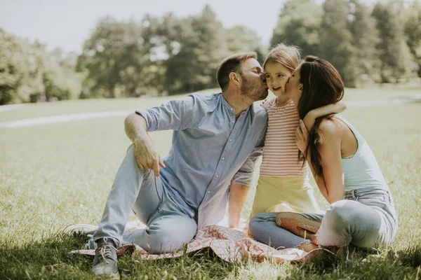 Küçük Tatlı Kızıyla Mutlu Bir Aile Güneşli Bir Günde Parkta — Stok fotoğraf