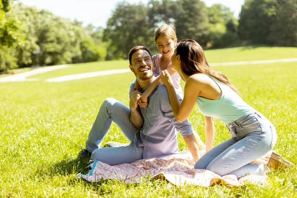 Happy Young Family Cute Little Daughter Having Fun Park Sunny — Stock Photo, Image