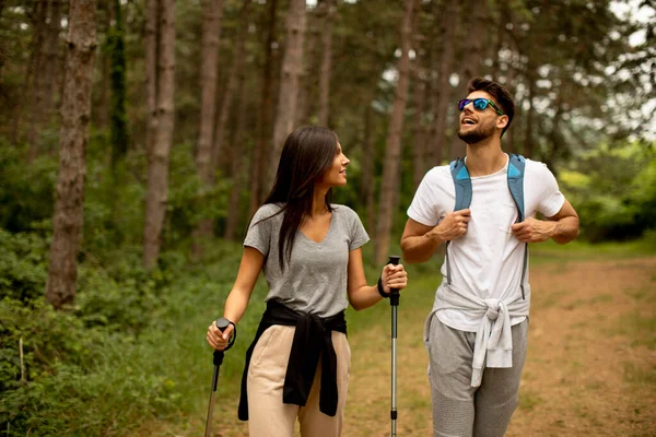 Paar Junger Wanderer Mit Rucksack Spaziert Durch Den Wald — Stockfoto
