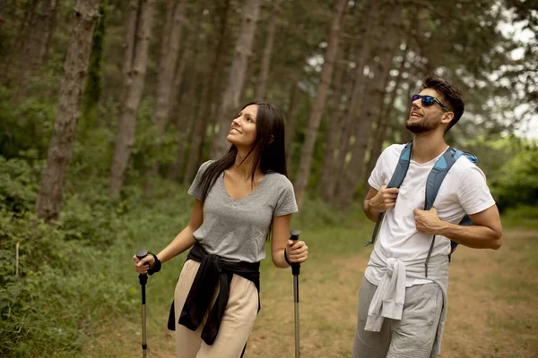 Pár Mladých Turistů Batohy Procházka Lesem — Stock fotografie