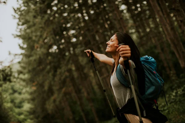 Красивая Молодая Женщина Турист Наслаждаясь Зеленым Красивым Лесом Вокруг — стоковое фото