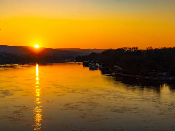 Vue Coucher Soleil Sur Calme Danube Novi Sad Serbie — Photo