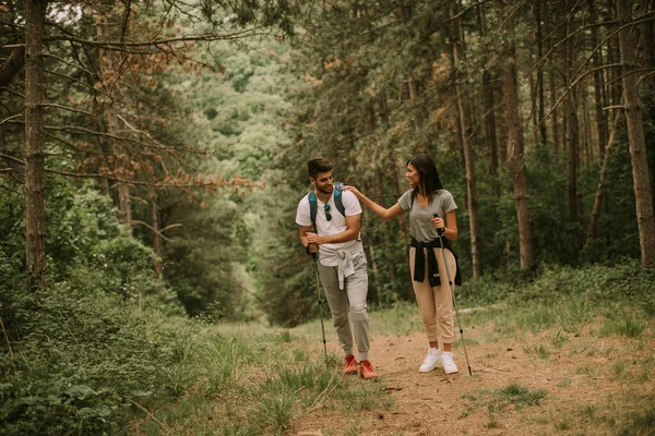 Beberapa Pejalan Kaki Muda Dengan Ransel Berjalan Melalui Hutan — Stok Foto