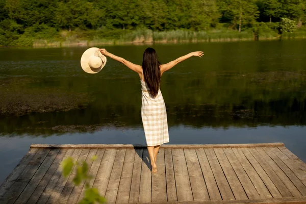 Happy Young Woman Standing Wooden Pier Calm Lake Hot Summer — Stock Photo, Image