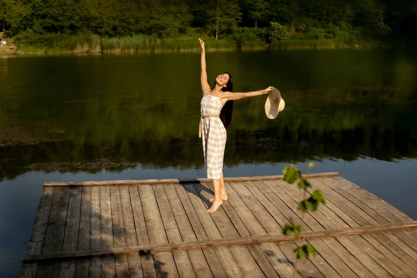 Happy Young Woman Standing Wooden Pier Calm Lake Hot Summer — Zdjęcie stockowe
