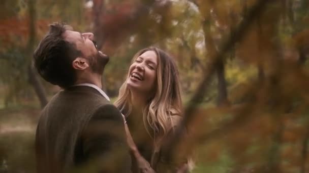 Handsome Young Couple Walking Autumn Park — Stock Video