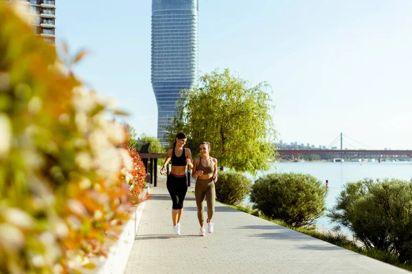 Mujer Joven Bonita Haciendo Ejercicio Junto Paseo Fluvial — Foto de Stock