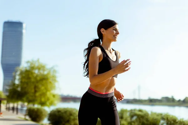 Pretty Young Woman Taking Running Exercise River Promenade — Stock Photo, Image